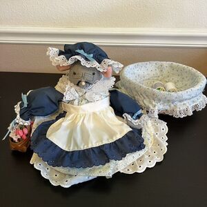 Handmade Felt Ms Mouse Plush Stuffed Toy Sewing Basket Trinkets Vintage Blue 11"